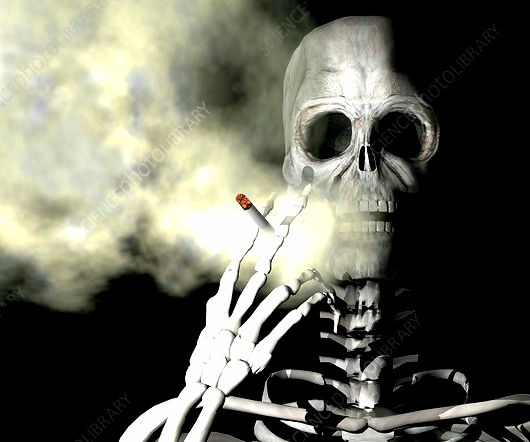 Illustration of a skeleton smoking a cigarette.